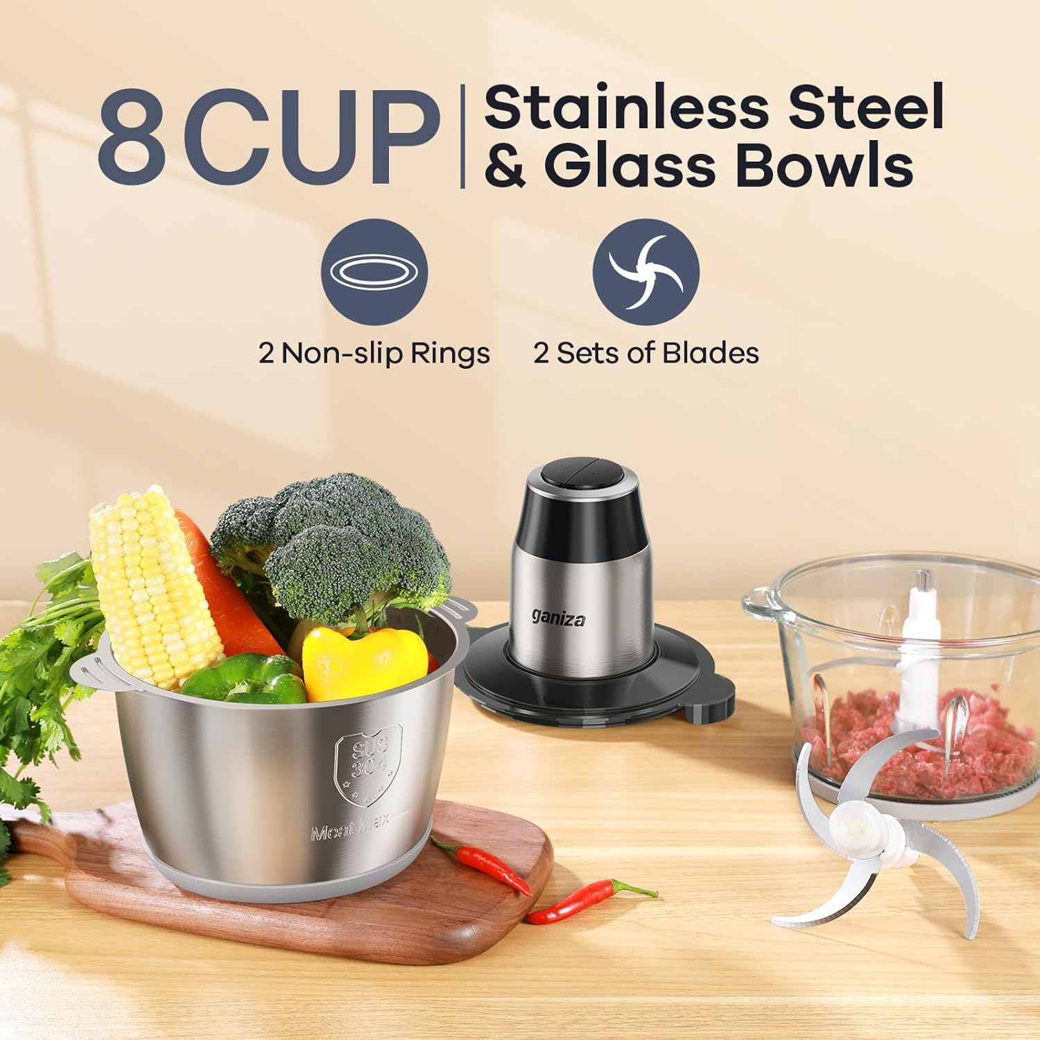 🔥 Food Processor & Electric Meat Grinder – 450W Powerful Copper Motor, Dual 8-Cup Bowls, Bi-Level Stainless Steel Blades – Multifunctional Vegetable Chopper, Fruit, Nut & Meat Grinder 🍖🥦