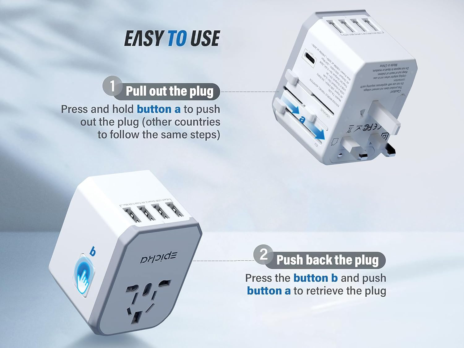 Universal Travel Adapter, European Travel Plug Adapter - International Power Adapter Worldwide Charger with USB-C & 4 USB-A Ports, Travel Essentials for Italy, Japan, Europe, UK (TA-105, White)