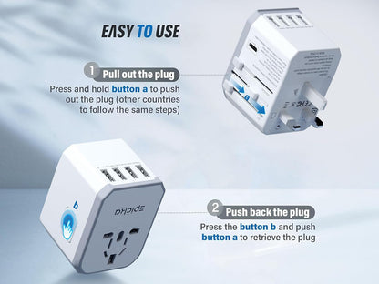 Universal Travel Adapter, European Travel Plug Adapter - International Power Adapter Worldwide Charger with USB-C & 4 USB-A Ports, Travel Essentials for Italy, Japan, Europe, UK (TA-105, White)
