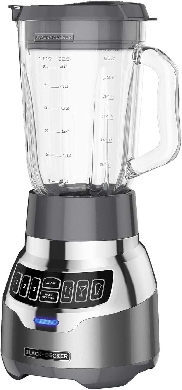 Powercrush Countertop Blender, 6-Cup Glass Jar, for Smoothies and More, Stainless Steel Blade, 4 Speed Settings to Puree, Crush Ice, Chop, Dice, and Pulse, Dishwasher Safe, 700W Motor