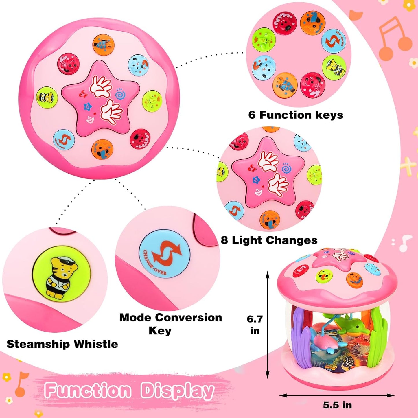 Baby Girl Toys 6-12 Months: Babies Ocean Rotating Light up Musical Toys 12-18 Months Crawling Learning Infant Toy for Toddlers 1 2 3 Years Old Baby Girl Gifts (Pink)
