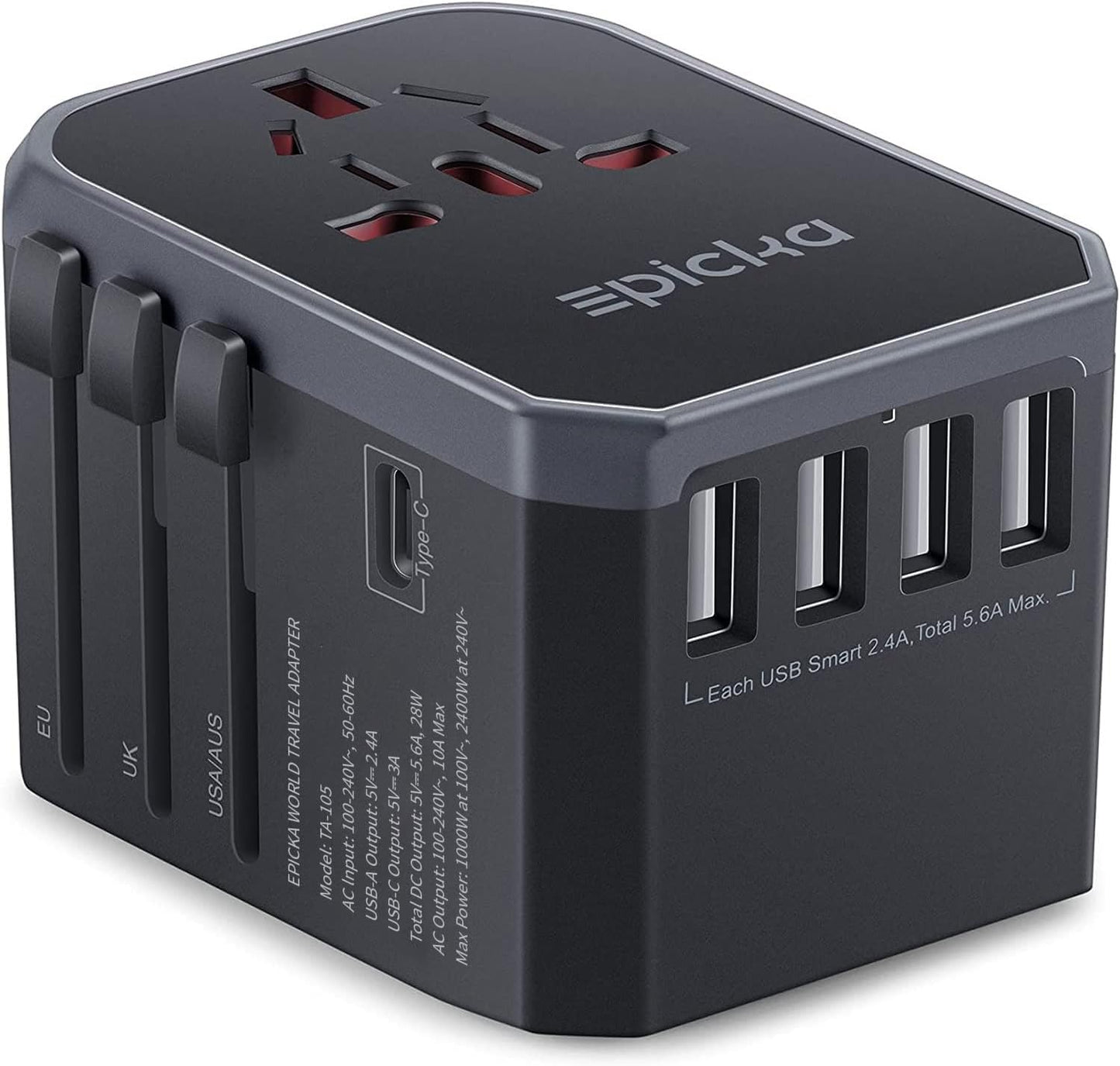 Universal Travel Adapter, European Travel Plug Adapter - International Power Adapter Worldwide Charger with USB-C & 4 USB-A Ports, Travel Essentials for Italy, Japan, Europe, UK (TA-105, White)