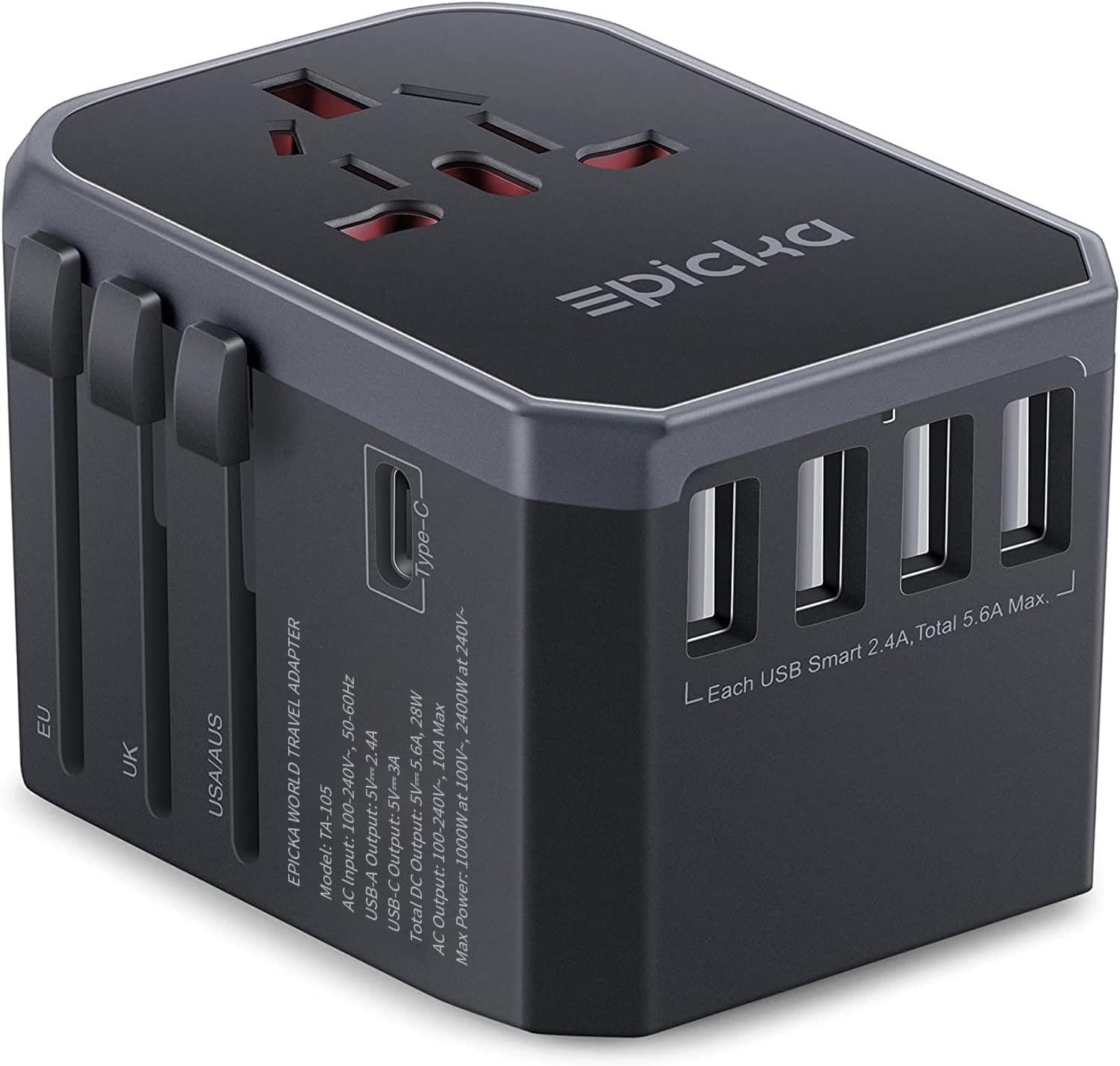 Universal Travel Adapter, European Travel Plug Adapter - International Power Adapter Worldwide Charger with USB-C & 4 USB-A Ports, Travel Essentials for Italy, Japan, Europe, UK (TA-105, White)
