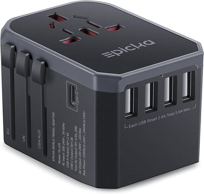 Universal Travel Adapter, European Travel Plug Adapter - International Power Adapter Worldwide Charger with USB-C & 4 USB-A Ports, Travel Essentials for Italy, Japan, Europe, UK (TA-105, White)