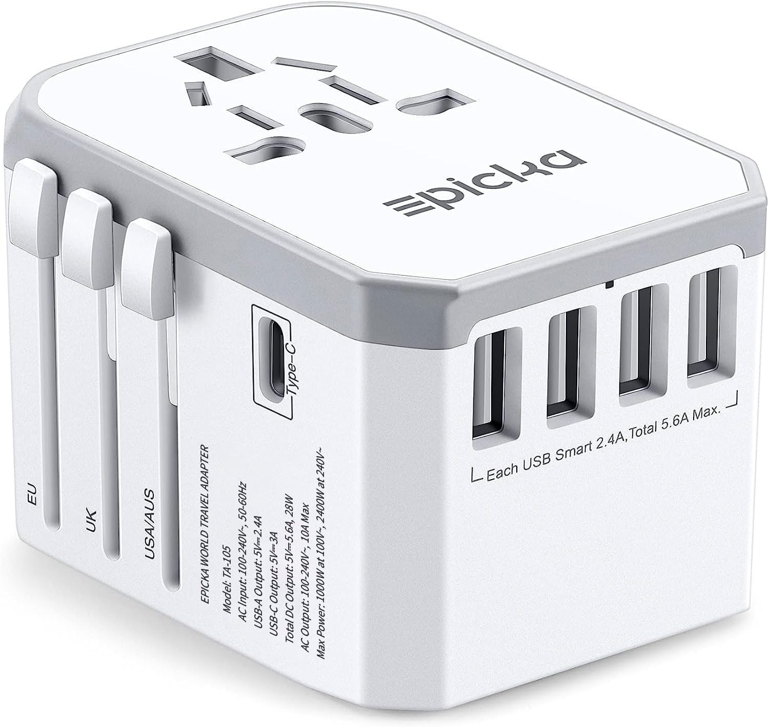 Universal Travel Adapter, European Travel Plug Adapter - International Power Adapter Worldwide Charger with USB-C & 4 USB-A Ports, Travel Essentials for Italy, Japan, Europe, UK (TA-105, White)