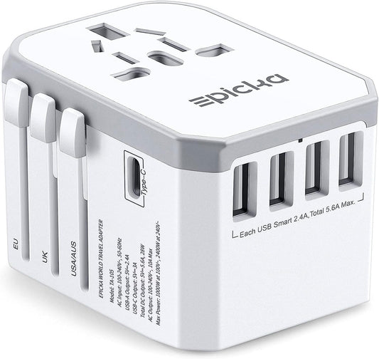 Universal Travel Adapter, European Travel Plug Adapter - International Power Adapter Worldwide Charger with USB-C & 4 USB-A Ports, Travel Essentials for Italy, Japan, Europe, UK (TA-105, White)