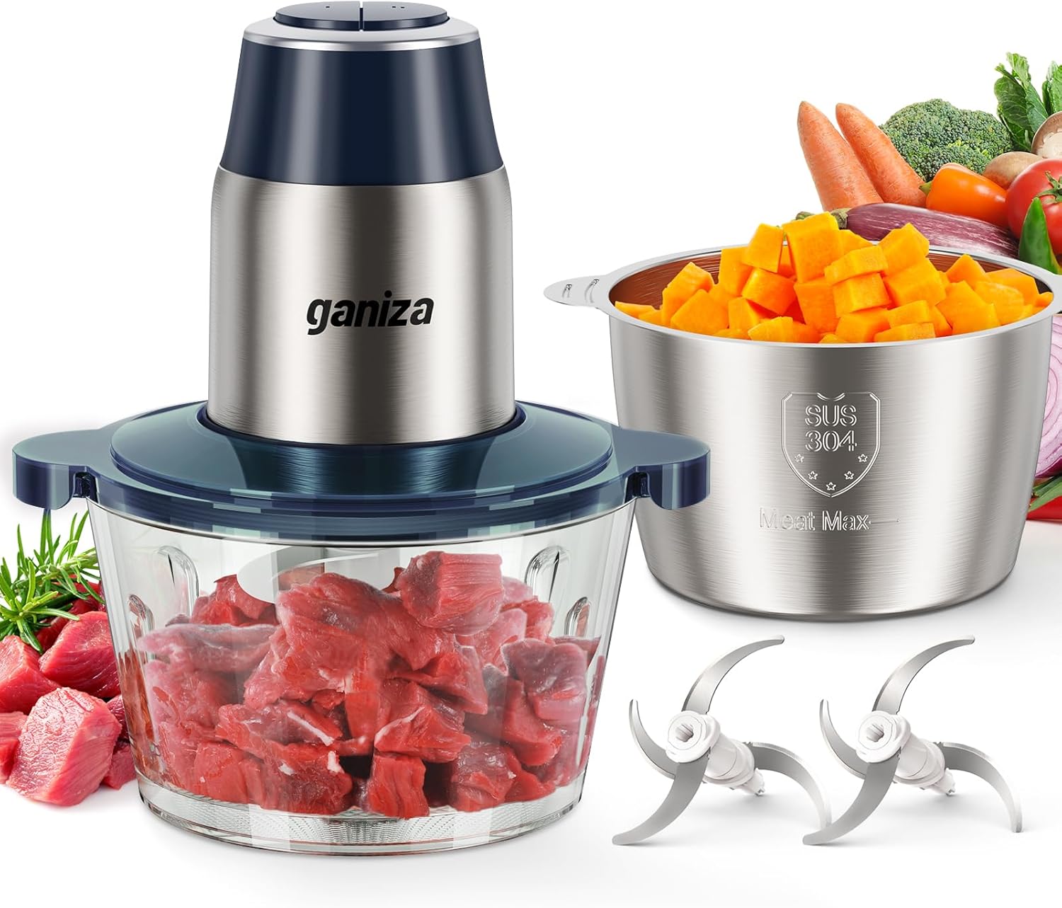 🔥 Food Processor & Electric Meat Grinder – 450W Powerful Copper Motor, Dual 8-Cup Bowls, Bi-Level Stainless Steel Blades – Multifunctional Vegetable Chopper, Fruit, Nut & Meat Grinder 🍖🥦
