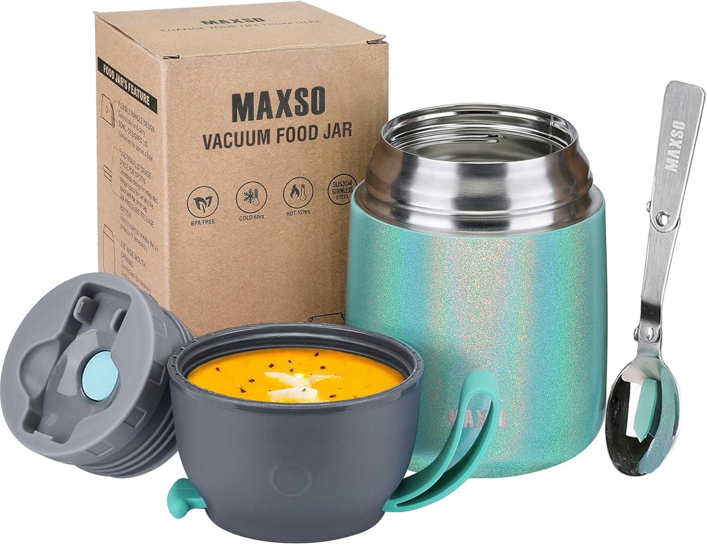 Insulated Thermo Food Jar for Hot & Cold Food for Kids Adult, 17 Oz Soup Thermal Hot Food Containers for Lunch, Triple Layer Insulation Stainless Steel Food Jar with Spoon (Lightblue)