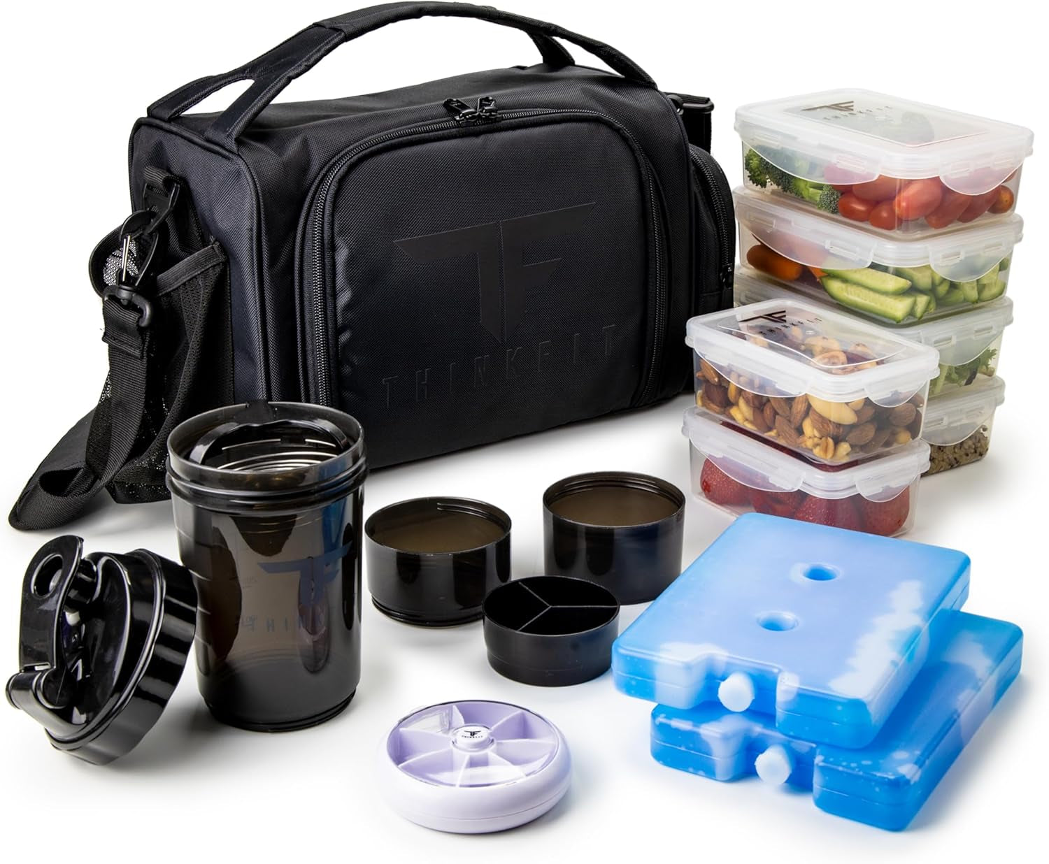 Insulated Meal Prep Lunch Box with 6 Food Portion Control Containers - Bpa-Free, Reusable, Microwavable, Freezer Safe - with Shaker Cup, Pill Organizer, Shoulder Strap & Side Pocket (Purple)