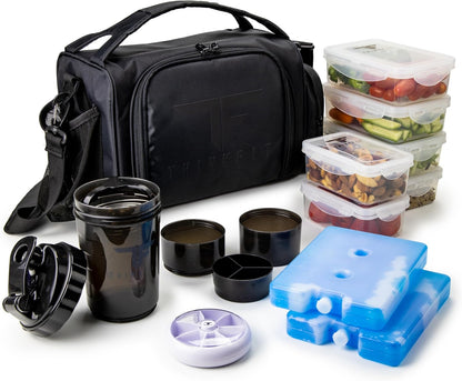 Insulated Meal Prep Lunch Box with 6 Food Portion Control Containers - Bpa-Free, Reusable, Microwavable, Freezer Safe - with Shaker Cup, Pill Organizer, Shoulder Strap & Side Pocket (Purple)