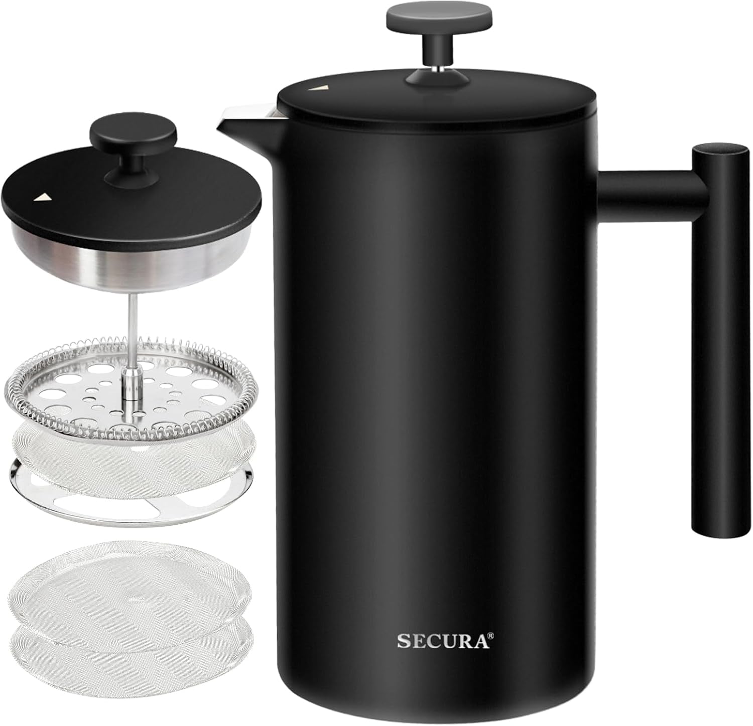 French Press Coffee Maker, 304 Grade Stainless Steel Insulated Coffee Press with 2 Extra Screens, 12Oz (0.35 Litre), Silver (SFP-12DS)