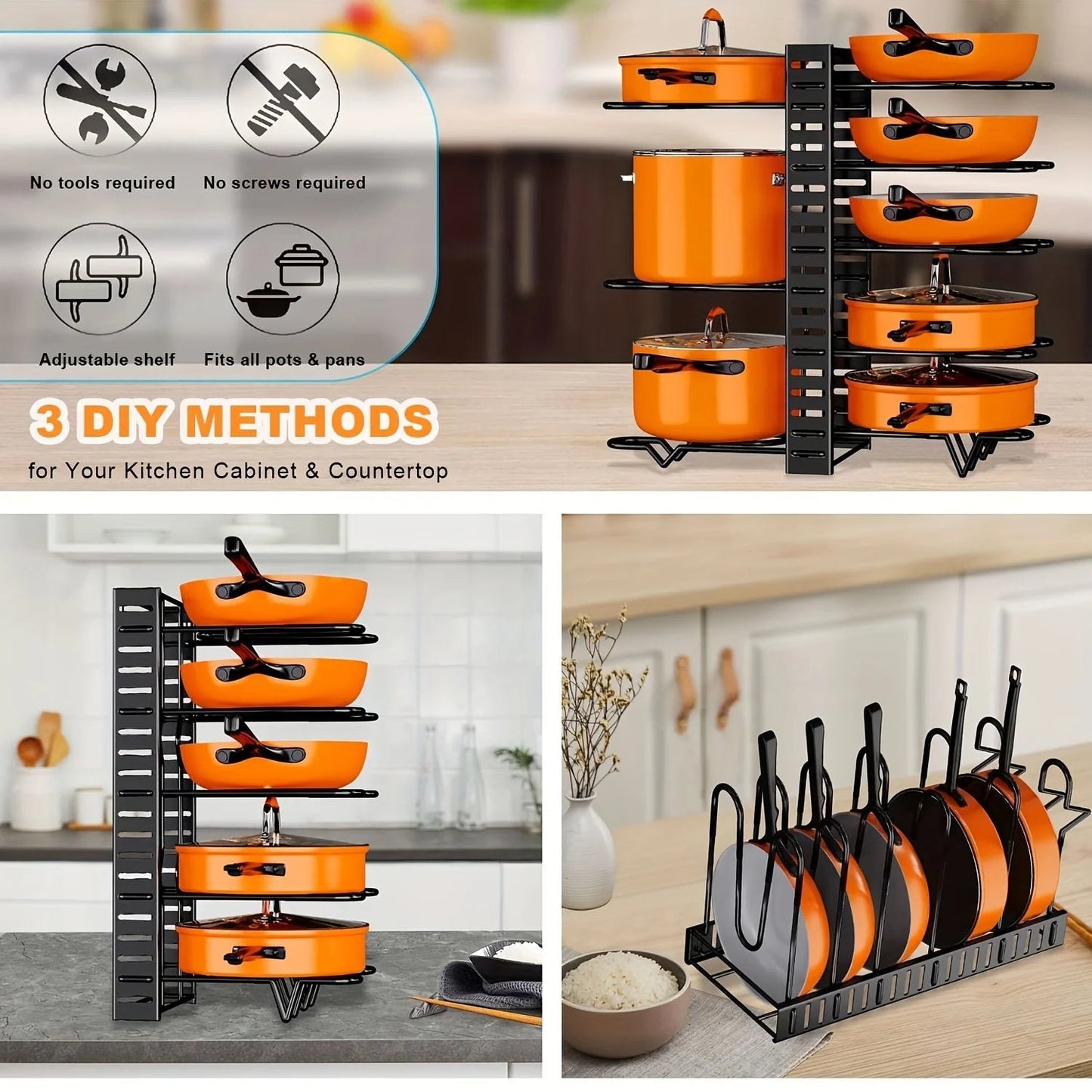 8 - Tier Duty Pot Rack Organizer Durable Metal,Space - saving Cabinet Holder for Pots,Pans and lids - Keep Your Kitchen Neat and Tidy - RELUX.STORE
