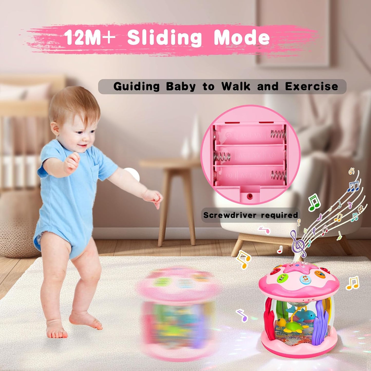 Baby Girl Toys 6-12 Months: Babies Ocean Rotating Light up Musical Toys 12-18 Months Crawling Learning Infant Toy for Toddlers 1 2 3 Years Old Baby Girl Gifts (Pink)