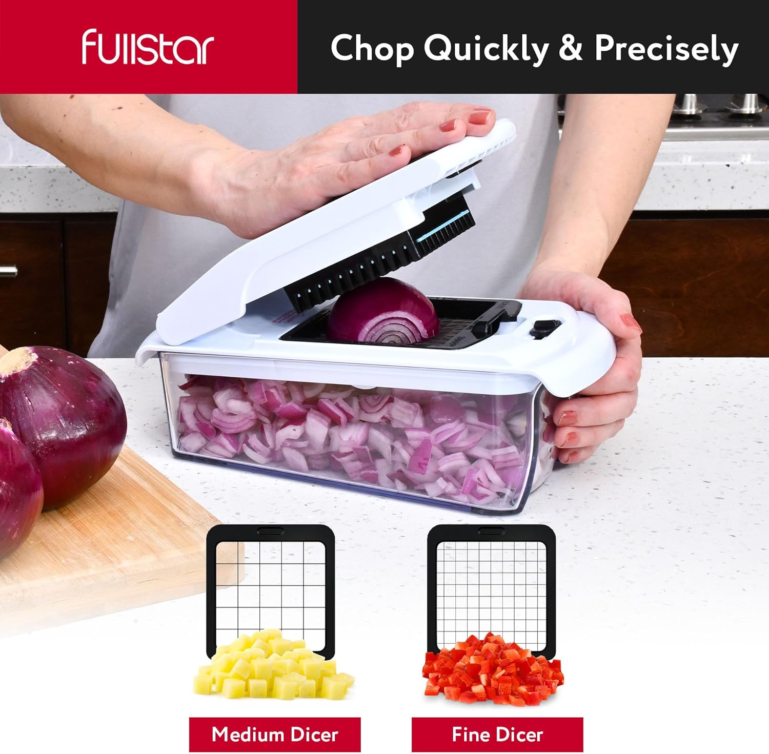 Vegetable Chopper & Mandoline Slicer for Kitchen - Food Chopper with Container, Cheese Grater, Home Essentials & Kitchen Gadgets (All in 1, White)