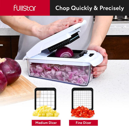 Vegetable Chopper & Mandoline Slicer for Kitchen - Food Chopper with Container, Cheese Grater, Home Essentials & Kitchen Gadgets (All in 1, White)