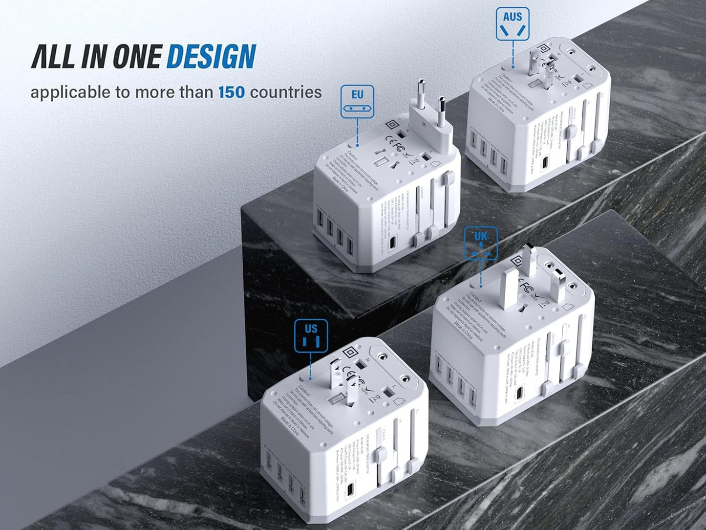 Universal Travel Adapter, European Travel Plug Adapter - International Power Adapter Worldwide Charger with USB-C & 4 USB-A Ports, Travel Essentials for Italy, Japan, Europe, UK (TA-105, White)