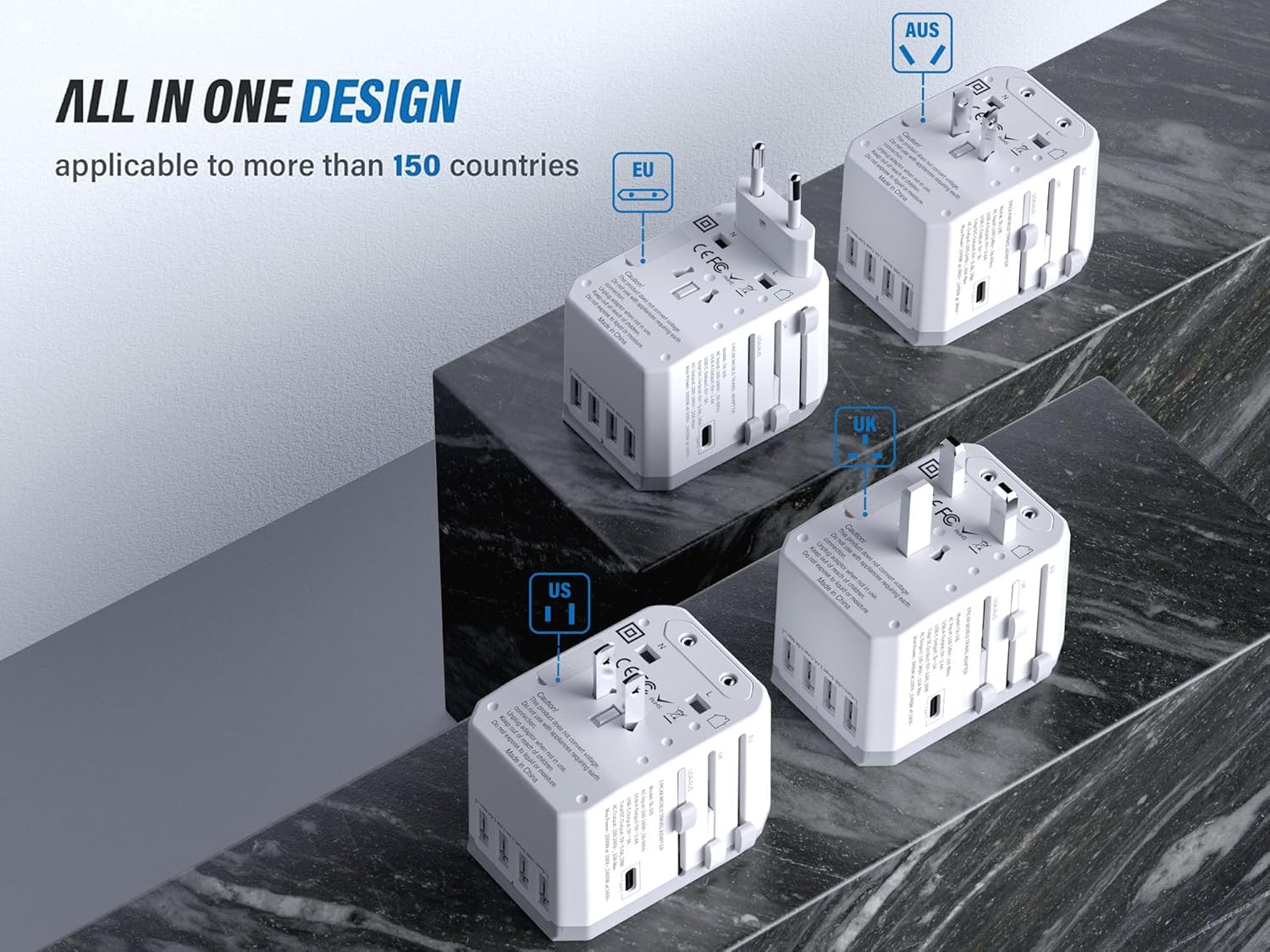 Universal Travel Adapter, European Travel Plug Adapter - International Power Adapter Worldwide Charger with USB-C & 4 USB-A Ports, Travel Essentials for Italy, Japan, Europe, UK (TA-105, White)