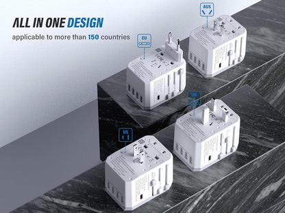 Universal Travel Adapter, European Travel Plug Adapter - International Power Adapter Worldwide Charger with USB-C & 4 USB-A Ports, Travel Essentials for Italy, Japan, Europe, UK (TA-105, White)