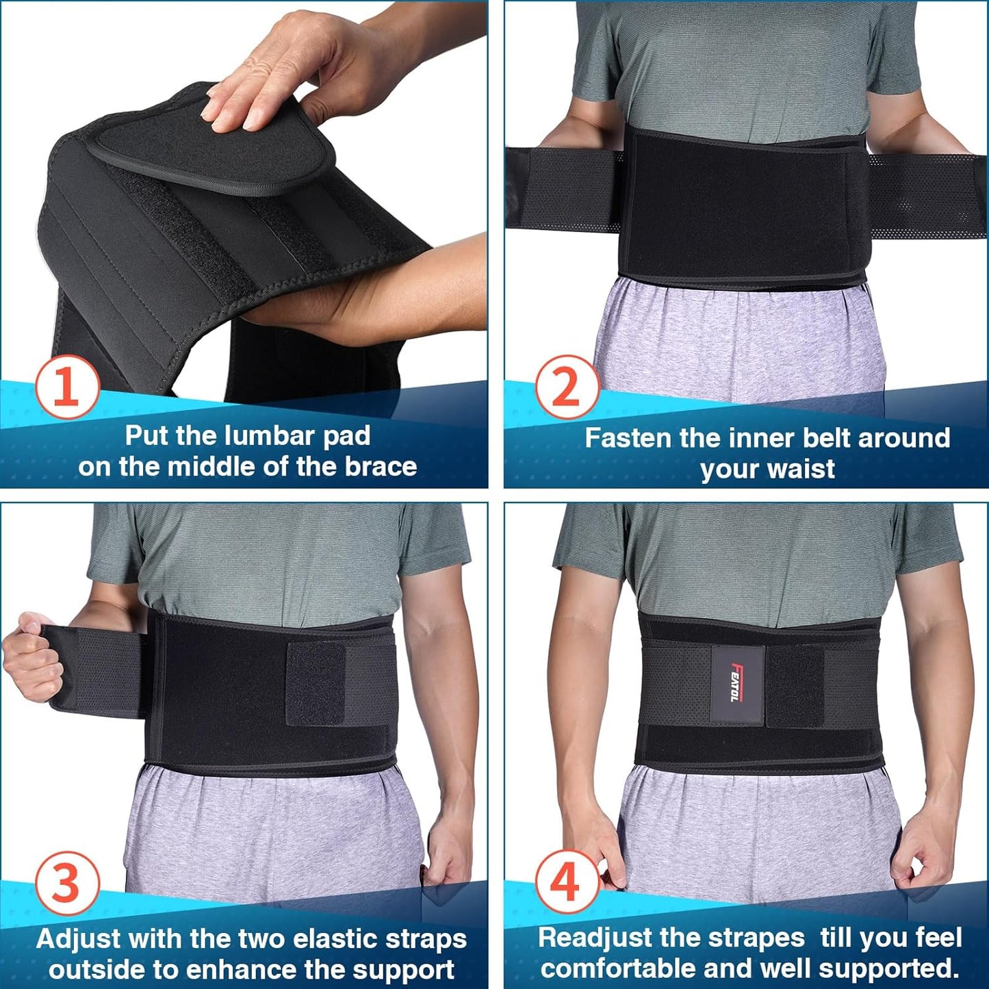 Back Brace Support Belt-Lumbar Support Back Brace for Back Pain, Sciatica, Scoliosis, Herniated Disc Adjustable Support Straps-Lower Back Brace with Removable Lumbar Pad for Men & Women