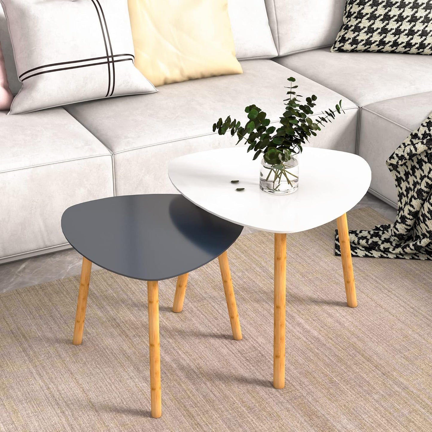 Nesting Table Set of 2 Bamboo End Table for Living Room Side Table for Bedroom Triangle Modern Coffee Table (Gray)