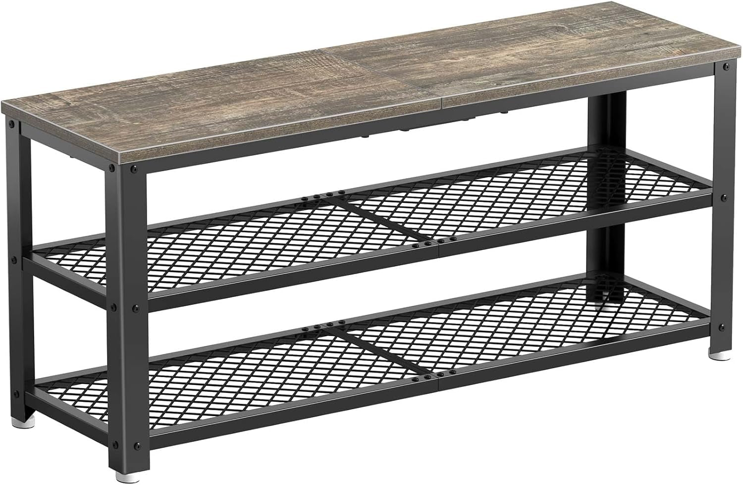Shoe Bench, 3-Tier Shoe Rack, 28.7” Storage Entry Bench with Mesh Shelves Wood Seat, Rustic Foyer Bench for Hallway Front Door, Doorway, Living Room, Mudroom, Steel Frame, Gray