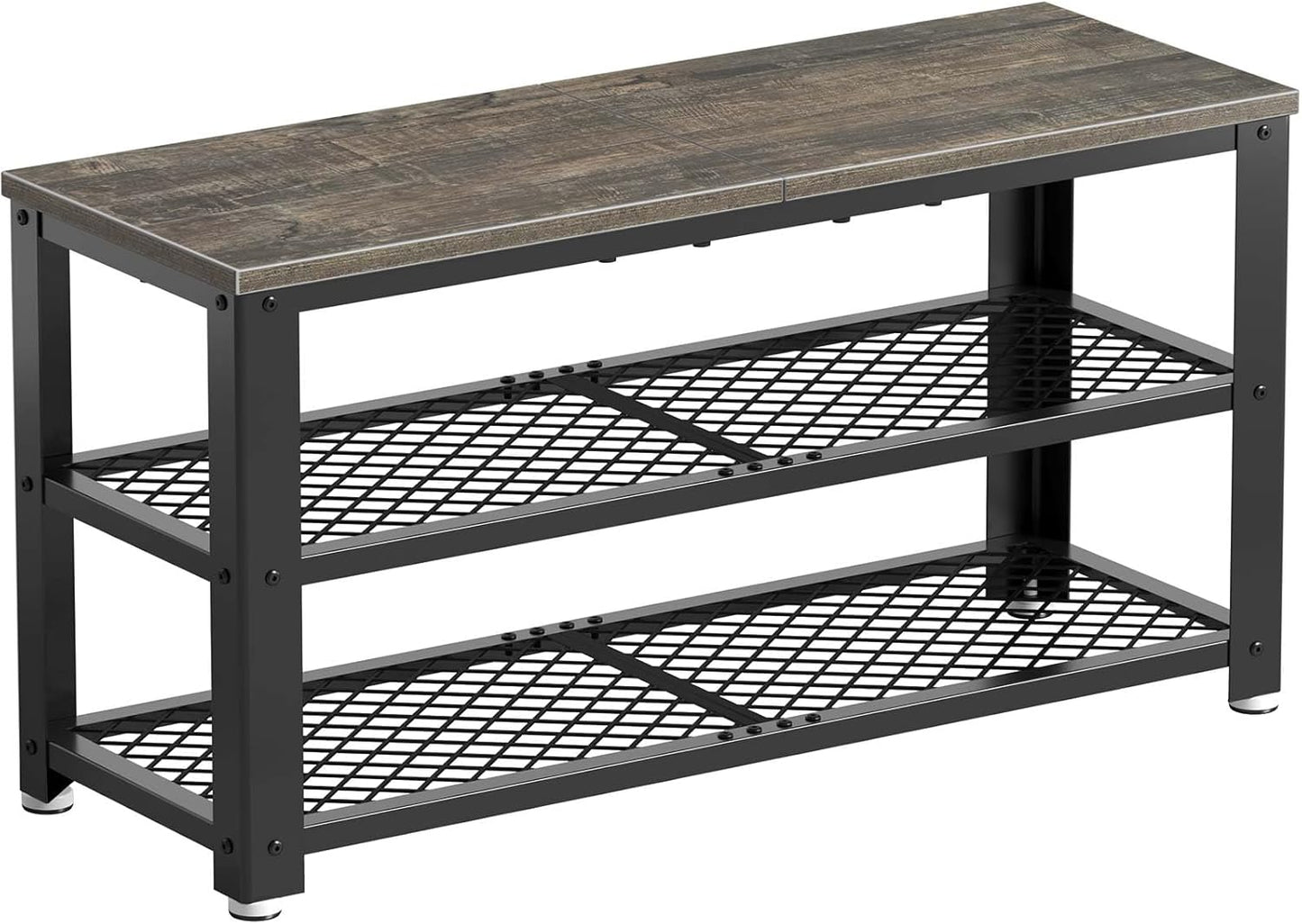 Shoe Bench, 3-Tier Shoe Rack, 28.7” Storage Entry Bench with Mesh Shelves Wood Seat, Rustic Foyer Bench for Hallway Front Door, Doorway, Living Room, Mudroom, Steel Frame, Gray