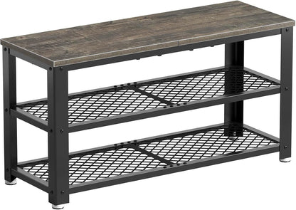 Shoe Bench, 3-Tier Shoe Rack, 28.7” Storage Entry Bench with Mesh Shelves Wood Seat, Rustic Foyer Bench for Hallway Front Door, Doorway, Living Room, Mudroom, Steel Frame, Gray