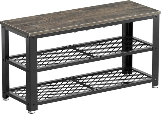 Shoe Bench, 3-Tier Shoe Rack, 28.7” Storage Entry Bench with Mesh Shelves Wood Seat, Rustic Foyer Bench for Hallway Front Door, Doorway, Living Room, Mudroom, Steel Frame, Gray