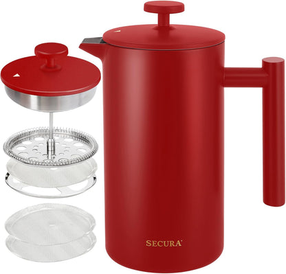 French Press Coffee Maker, 304 Grade Stainless Steel Insulated Coffee Press with 2 Extra Screens, 12Oz (0.35 Litre), Silver (SFP-12DS)