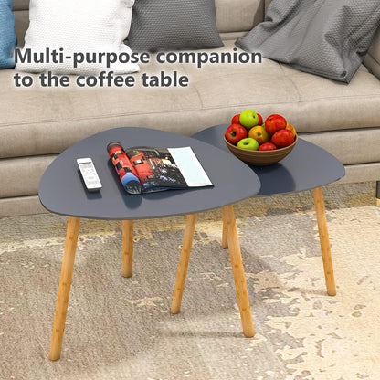Nesting Table Set of 2 Bamboo End Table for Living Room Side Table for Bedroom Triangle Modern Coffee Table (Gray)