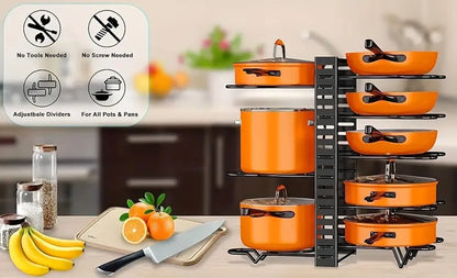 8-Tier Duty Pot Rack Organizer Durable Metal,Space-saving Cabinet Holder for Pots,Pans and lids-Keep Your Kitchen Neat and Tidy
