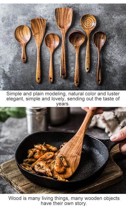 Thailand Teak Natural Wooden Tableware Cooking Ladle Turner Long Rice Colander Soup Skimmer Cooking Spoons Scoop Kitchen Tool