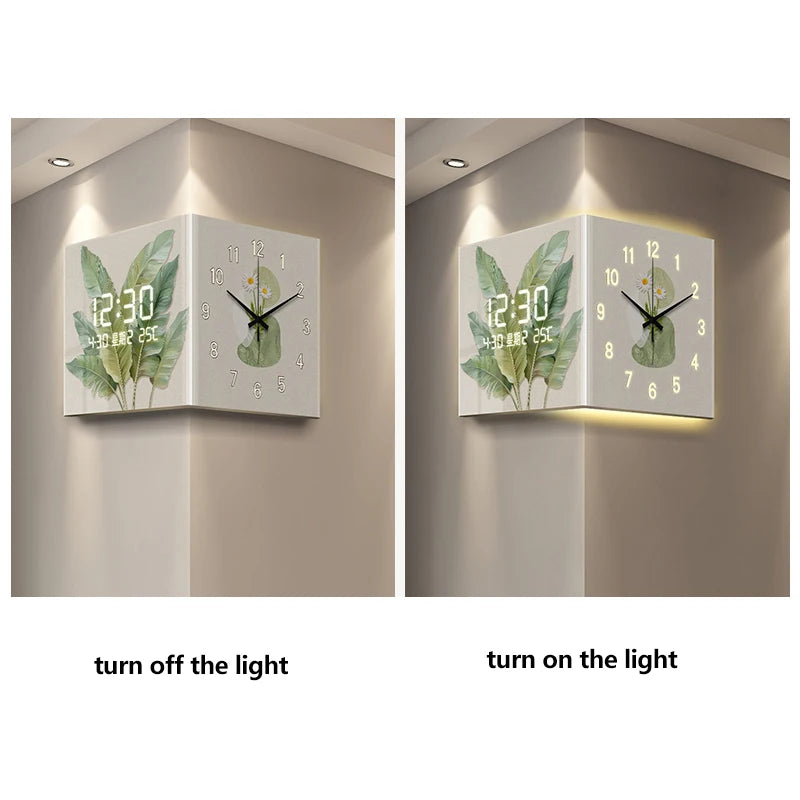 Green Plant-Themed Digital Display Wall Clock Double-Sided at Living Room Corner Single Face Electric Motive