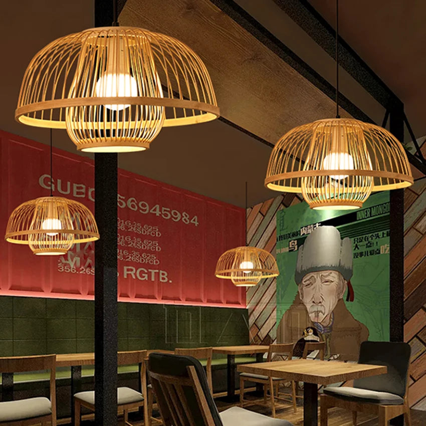 Bamboo Rattan Pendant Lamp Handmade Natural Boho Ceiling Light for Restaurant Cafe Home LED Lighting Fixture Vintage Ethnic Deco