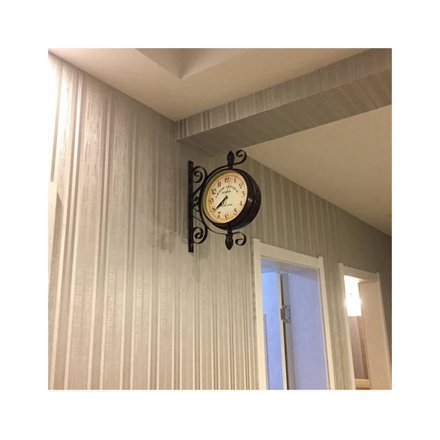 European Style Retro Wall Clock Simple Living Room Home Decor with Scenic Pattern Wrought Iron Double-Face Needle Display