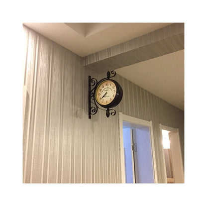 European Style Retro Wall Clock Simple Living Room Home Decor with Scenic Pattern Wrought Iron Double-Face Needle Display