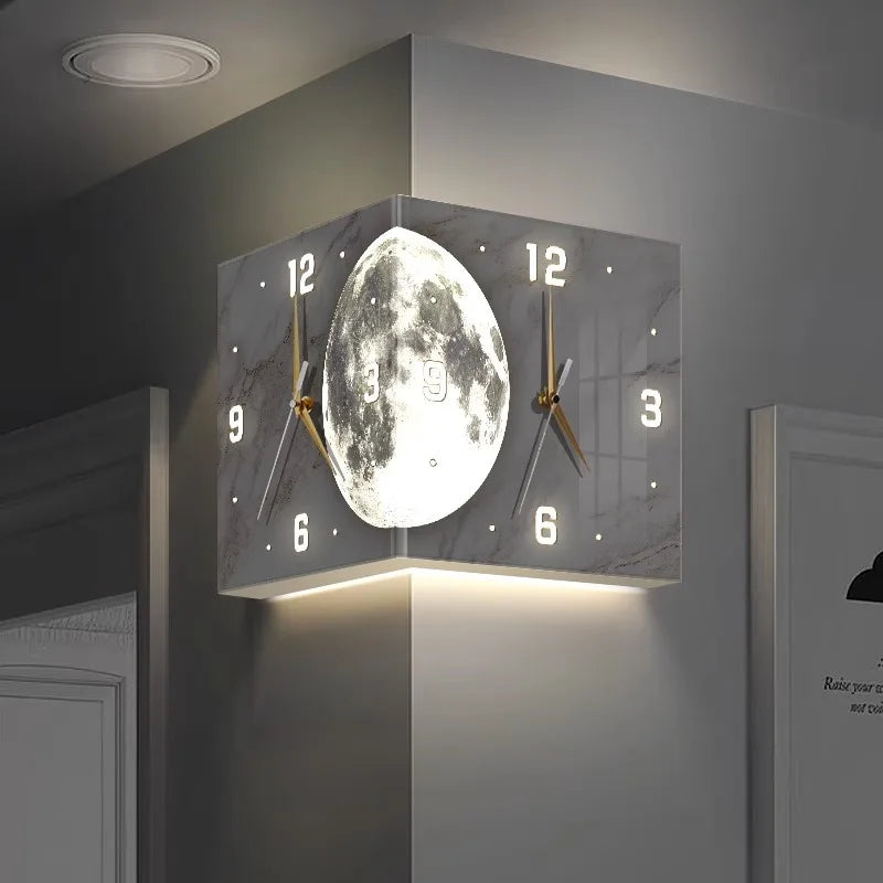 Creative Double-Sided Living Room Wall Clocks Silent Running Acrylic Moon-Light Emitting Backlit Display With Needle Drill-Free