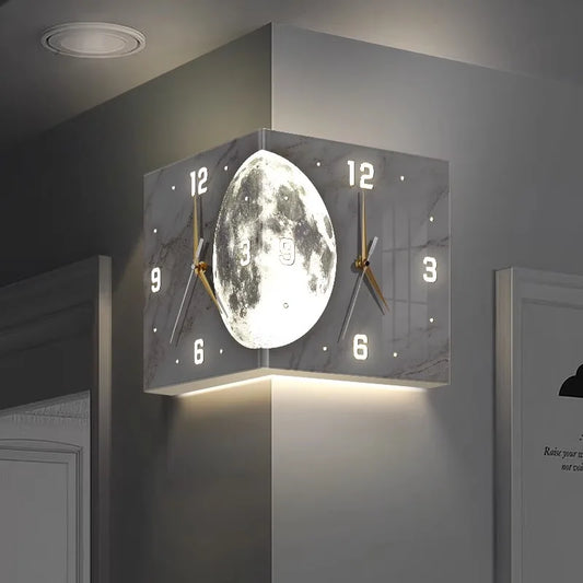 Creative Double-Sided Living Room Wall Clocks Silent Running Acrylic Moon-Light Emitting Backlit Display With Needle Drill-Free