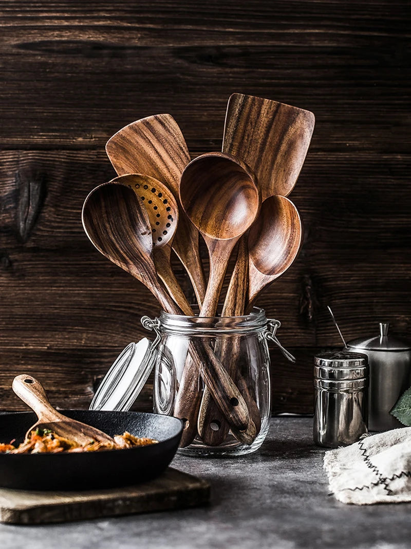 Thailand Teak Natural Wooden Tableware Cooking Ladle Turner Long Rice Colander Soup Skimmer Cooking Spoons Scoop Kitchen Tool