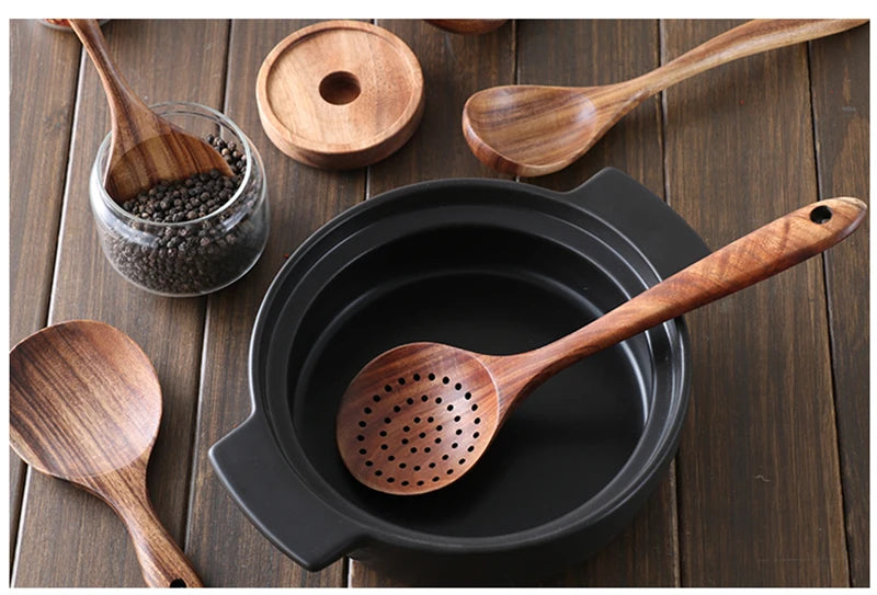 Thailand Teak Natural Wooden Tableware Cooking Ladle Turner Long Rice Colander Soup Skimmer Cooking Spoons Scoop Kitchen Tool
