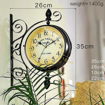 European Style Retro Wall Clock Simple Living Room Home Decor with Scenic Pattern Wrought Iron Double-Face Needle Display