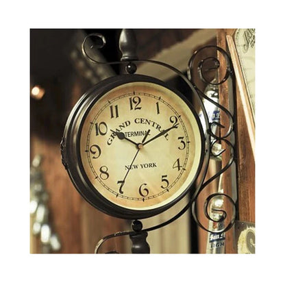 European Style Retro Wall Clock Simple Living Room Home Decor with Scenic Pattern Wrought Iron Double-Face Needle Display