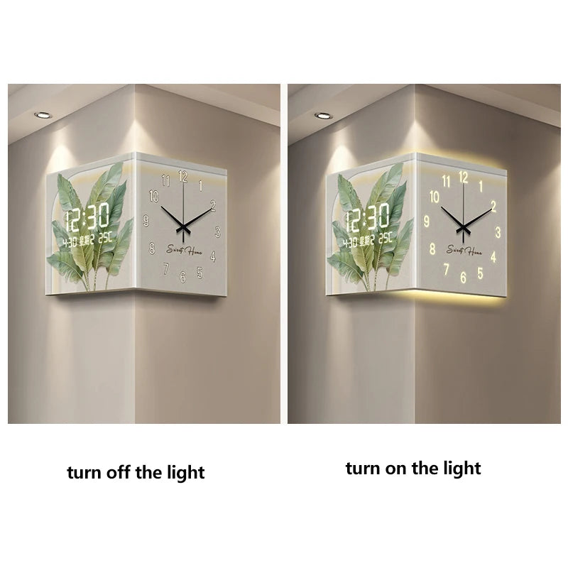 Green Plant-Themed Digital Display Wall Clock Double-Sided at Living Room Corner Single Face Electric Motive