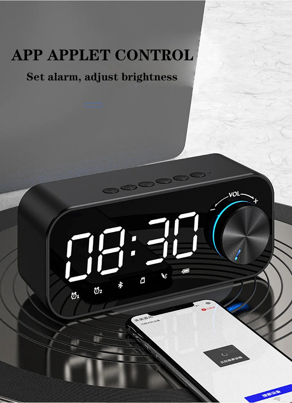 APP Volume Knob Subwoofer Mini Portable Desktop Alarm Clock LED Speakers Bass FM Radio Wireless Speaker Night Light BT Speaker
