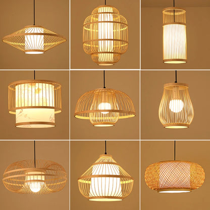 Bamboo Rattan Pendant Lamp Handmade Natural Boho Ceiling Light for Restaurant Cafe Home LED Lighting Fixture Vintage Ethnic Deco