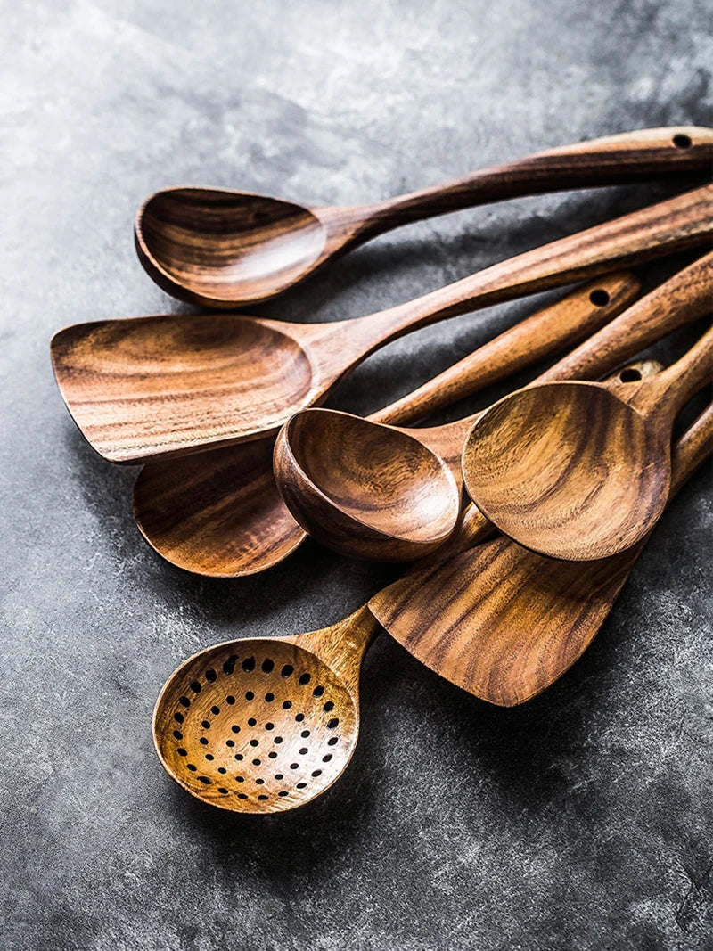 Thailand Teak Natural Wooden Tableware Cooking Ladle Turner Long Rice Colander Soup Skimmer Cooking Spoons Scoop Kitchen Tool