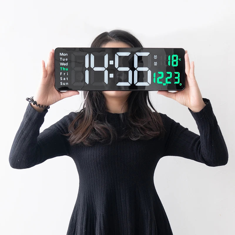 Large Digital Wall Clock Temp Date Week Display Remote Control Power Off Memory Table Clock Wall-mounted Dual Alarms LED Clocks