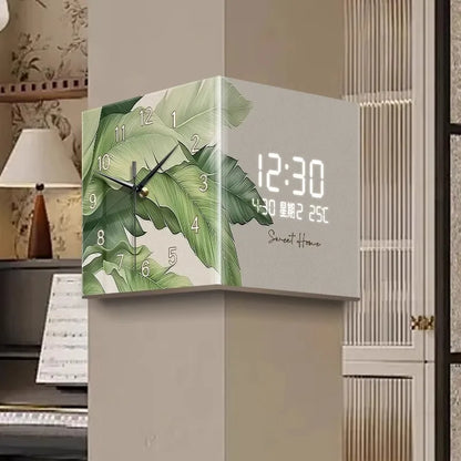 Green Plant-Themed Digital Display Wall Clock Double-Sided at Living Room Corner Single Face Electric Motive