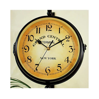 European Style Retro Wall Clock Simple Living Room Home Decor with Scenic Pattern Wrought Iron Double-Face Needle Display