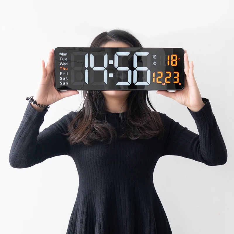 Large Digital Wall Clock Temp Date Week Display Remote Control Power Off Memory Table Clock Wall-mounted Dual Alarms LED Clocks